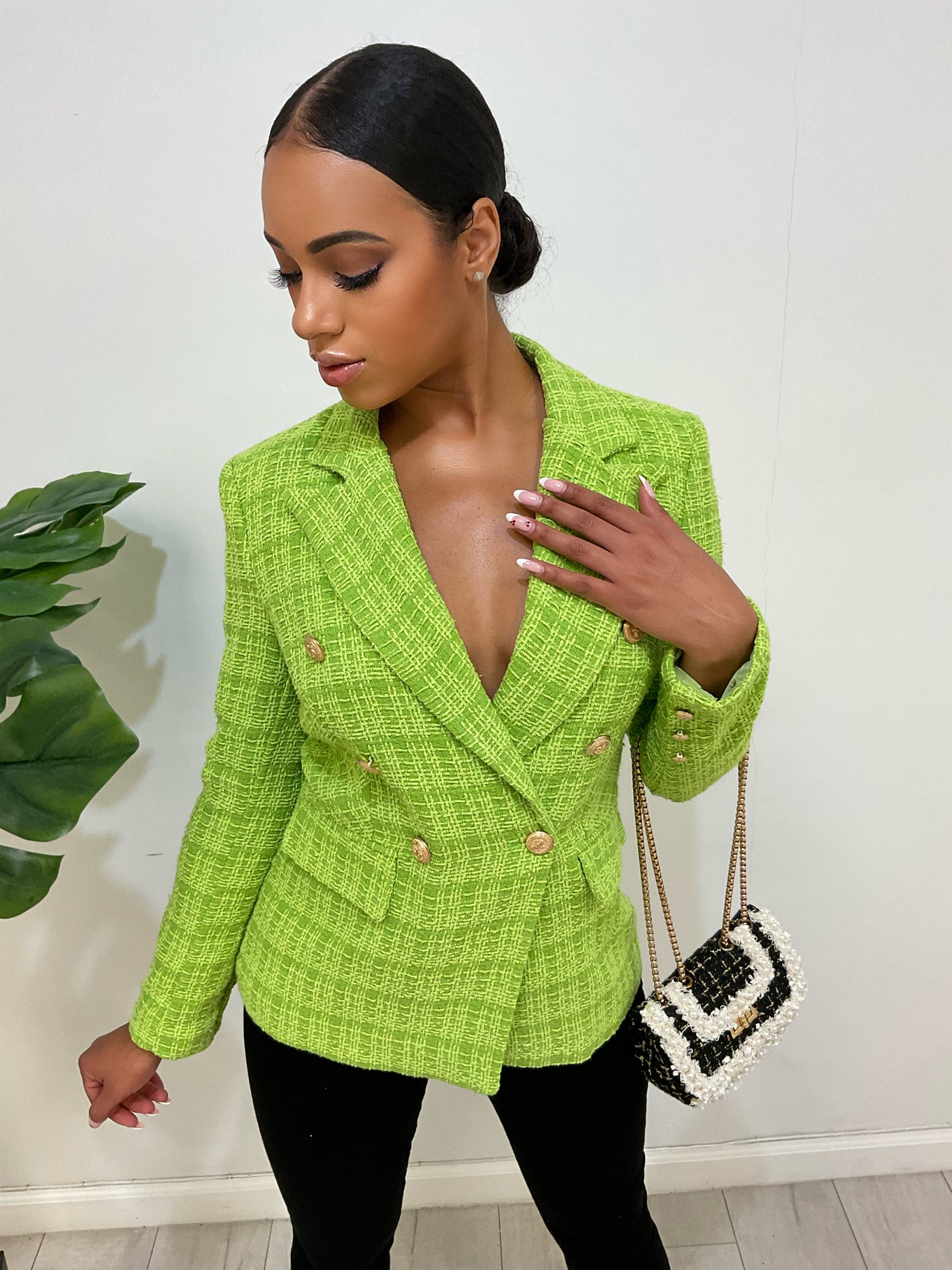 CHANEL 1998 Spring 98P Lime Green Brown Cotton Boucle Tweed Blazer Jacket  38 
